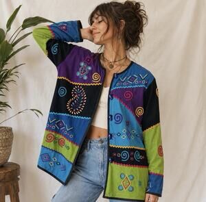 Vintage Allure Wearable Art Embroidered Jacket Colorblock Boho Lagenlook Med